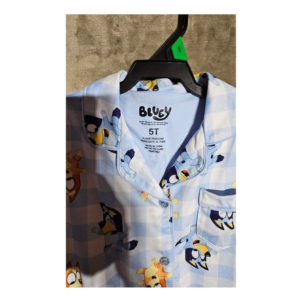 Bluey Bingo Kids 2PC Pajama Set Blue Gingham Button Down Shirt Shorts 5T NEW